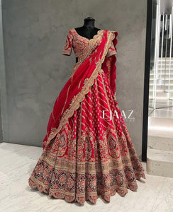 Red Colored Bridal Lehenga Choli Malay satin with Velvet fabric With Hand and Embroidery Work HLC 17