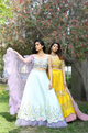 Yellow Colored Party Wear Peach Colored Dupatta Lehenga Choli With Embroidery Work LC 262